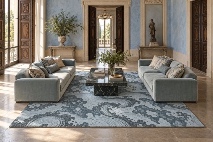 ligea visualisation of a lobby with the design Surf from THE PORCELAIN, Sky colourway