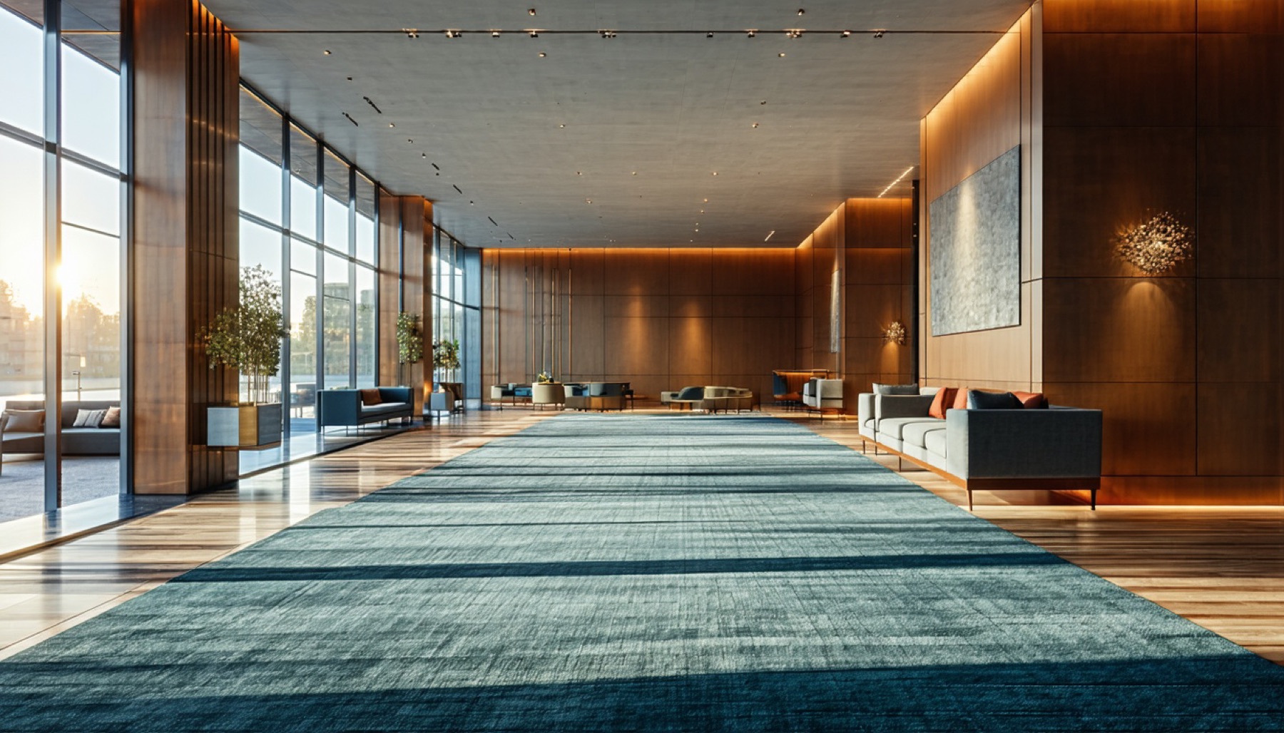 Hotel interior with a custom hand-tufted ligea runner, natural daylight
