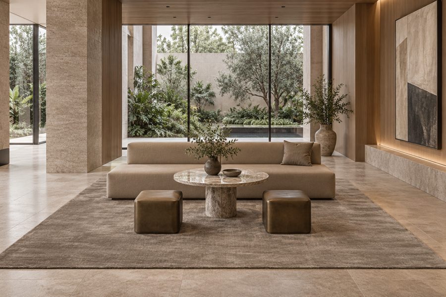 ligea visualisation of a lobby with a plain tip-sheared carpet in Mink