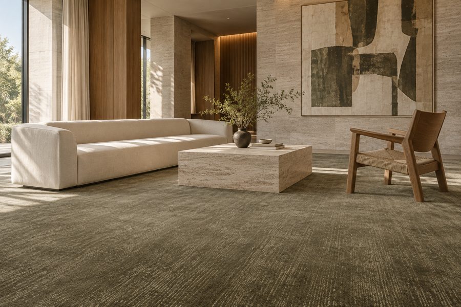 ligea visualisation of a lobby with a plain tip-sheared carpet in Olive Brown
