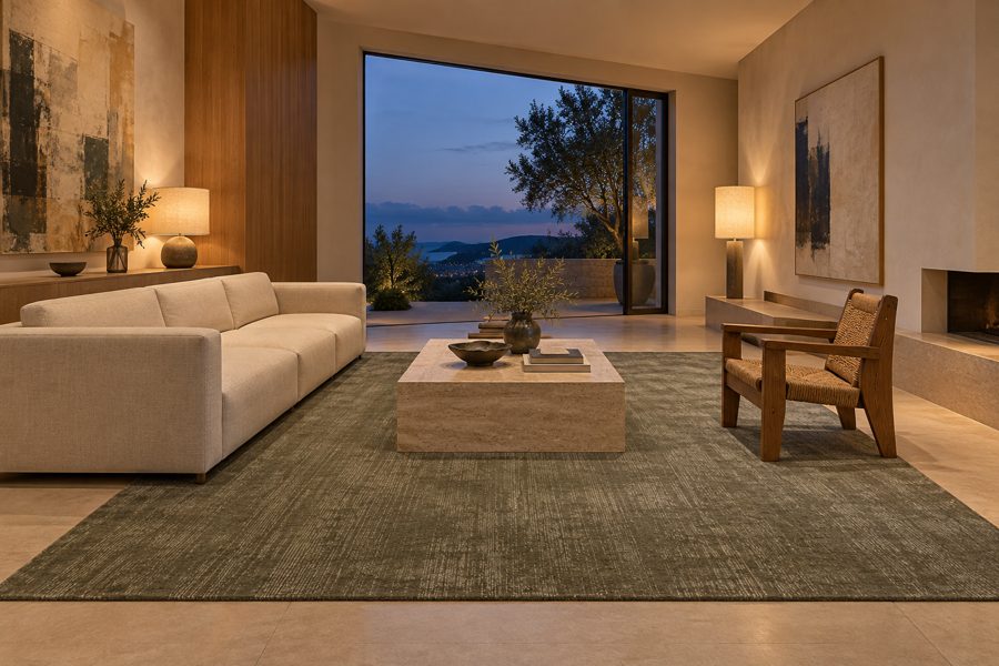 ligea visualisation of a suite with a plain tip-sheared carpet in Olive Brown