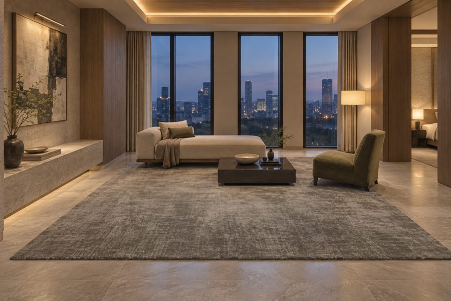 ligea visualisation of a suite with a plain tip-sheared carpet in Pewter