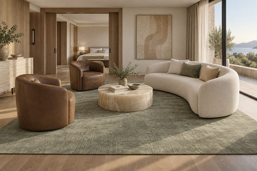 ligea visualisation of a suite with a plain tip-sheared carpet in Sage