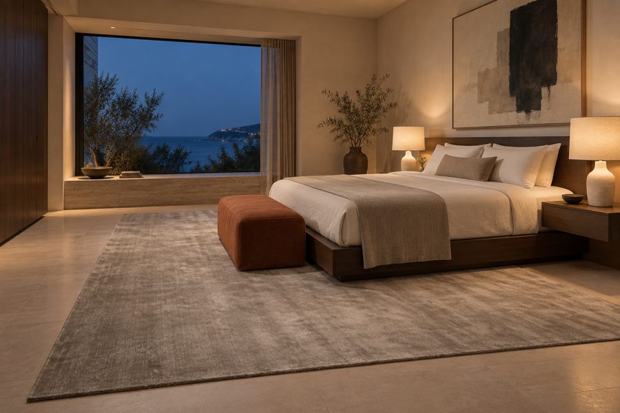 ligea visualisation of a guest room with a plain tip-sheared carpet in Stone