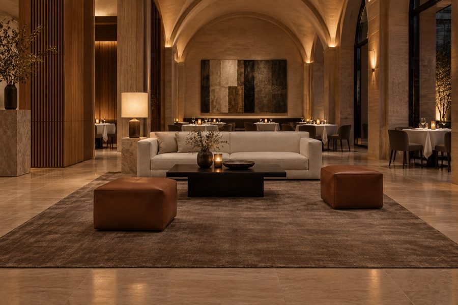ligea visualisation of a restaurant with a plain tip-sheared carpet in Umber
