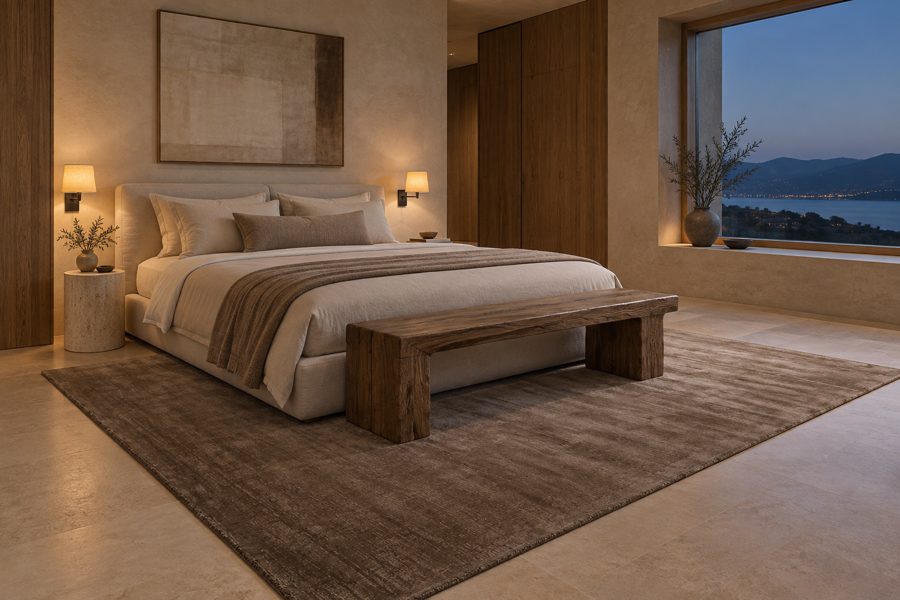 ligea visualisation of a guest room with a plain tip-sheared carpet in Umber