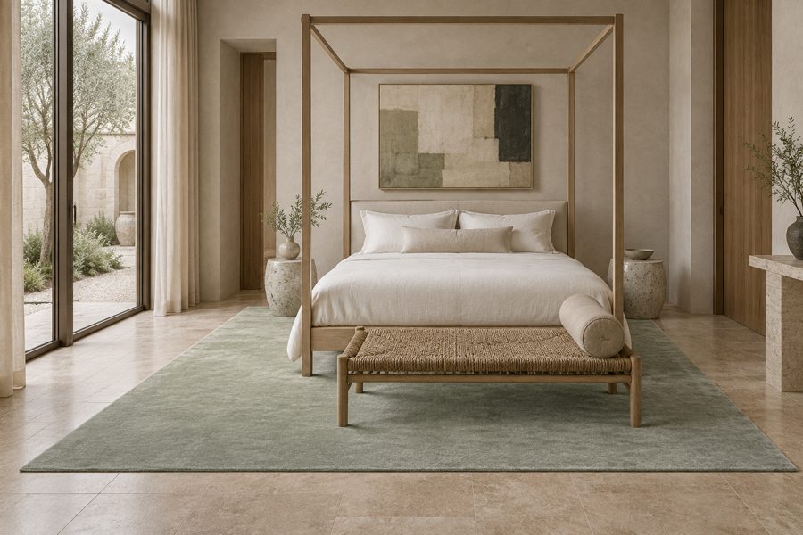 ligea visualisation of a guest room with a plain velvet carpet in Celadon