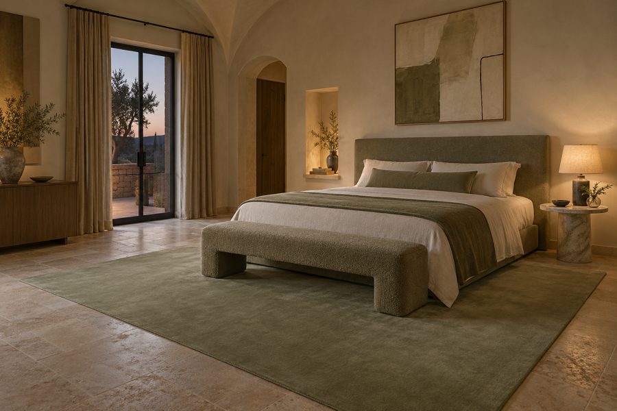 ligea visualisation of a guest room with a plain velvet carpet in Celadon