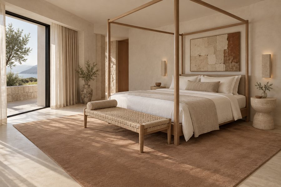 ligea visualisation of a guest room with a plain velvet carpet in Clay