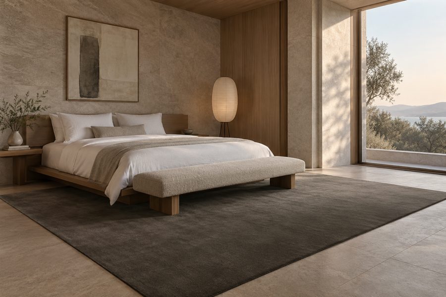 ligea visualisation of a guest room with a plain velvet carpet in Graphite