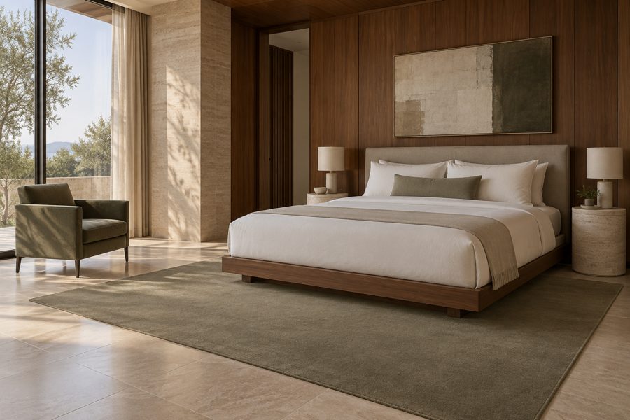 ligea visualisation of a guest room with a plain velvet carpet in Olive Brown