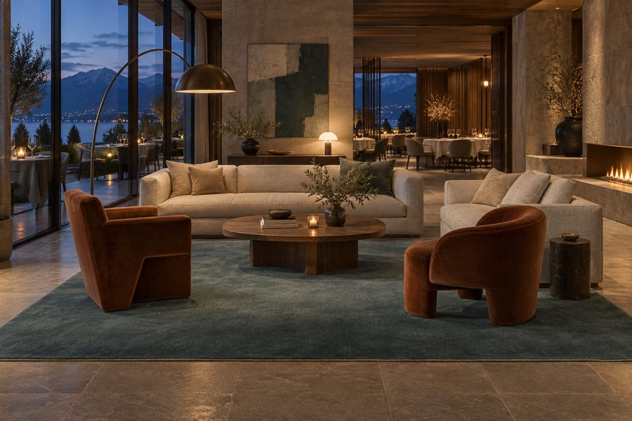 ligea visualisation of a restaurant with a plain velvet carpet in Petrol