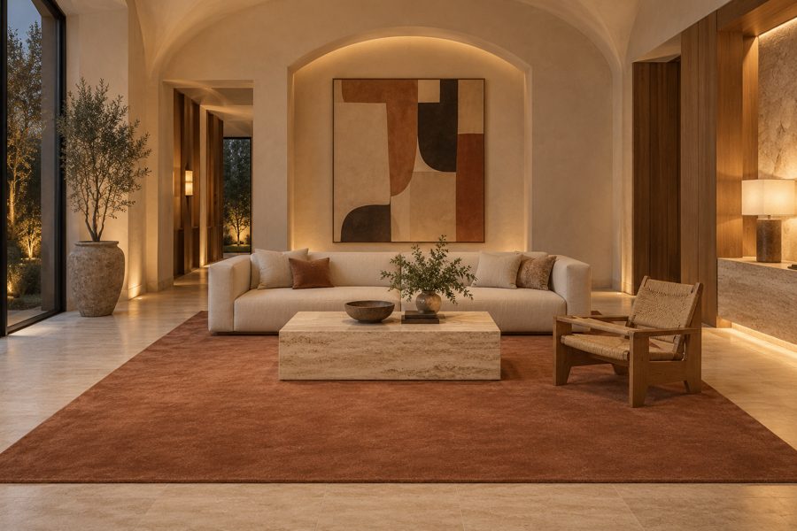 ligea visualisation of a lobby with a plain velvet carpet in Rust