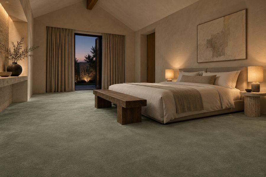 ligea visualisation of a guest room with a plain velvet carpet in Sage