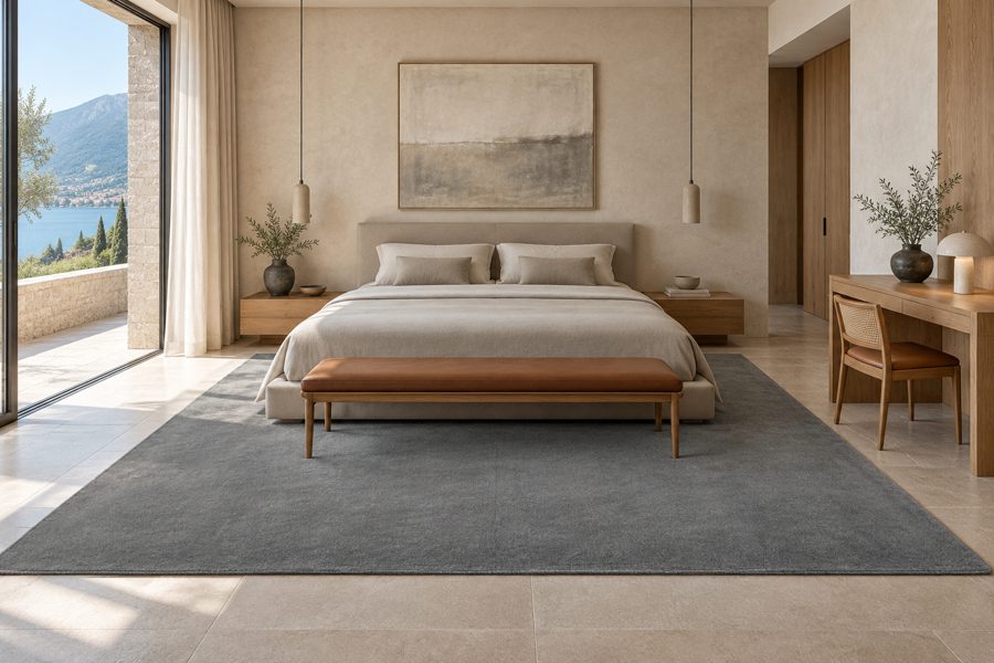 ligea visualisation of a guest room with a plain velvet carpet in Slate