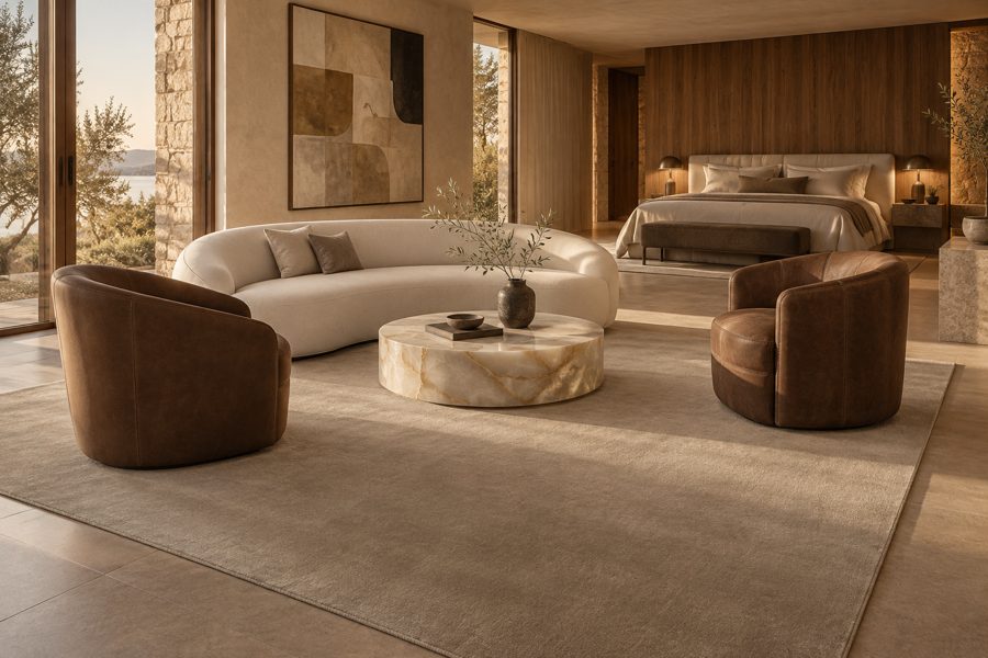 ligea visualisation of a suite with a plain velvet carpet in Stone