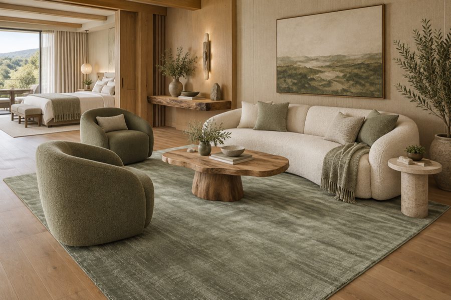 ligea visualisation of a suite with a plain tip-sheared carpet in Lichen
