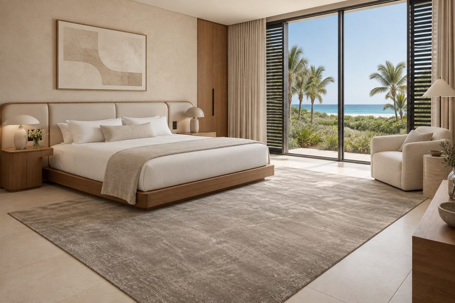 ligea visualisation of a guest room with a plain tip-sheared carpet in Mushroom