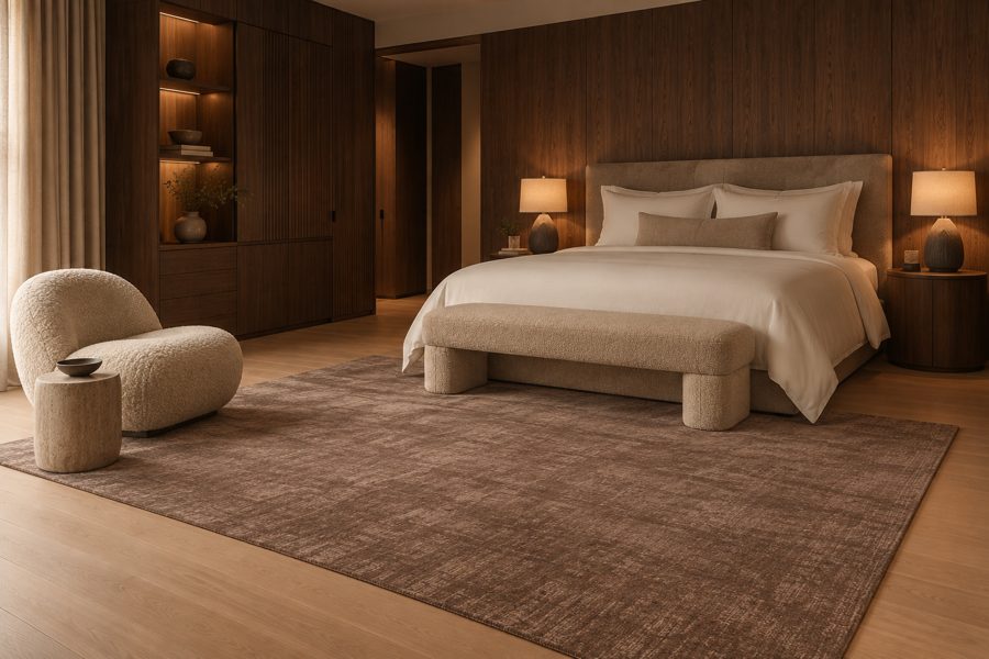ligea visualisation of a guest room with a plain tip-sheared carpet in Oxblood