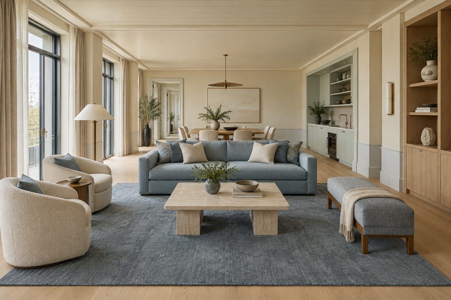 ligea visualisation of a suite with a plain tip-sheared carpet in Slate