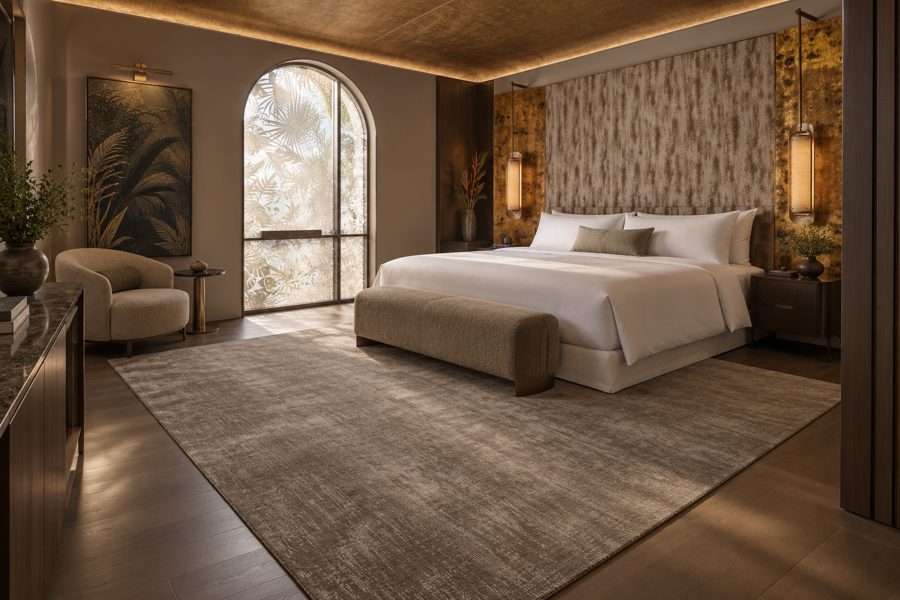 ligea visualisation of a guest room with a plain tip-sheared carpet in Taupe