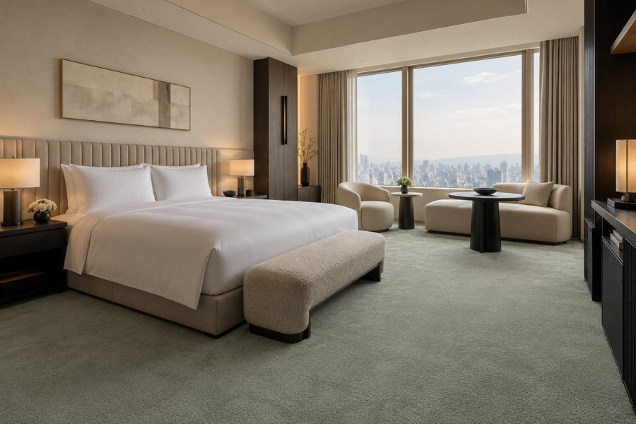 ligea visualisation of a guest room with a plain velvet carpet in Lichen