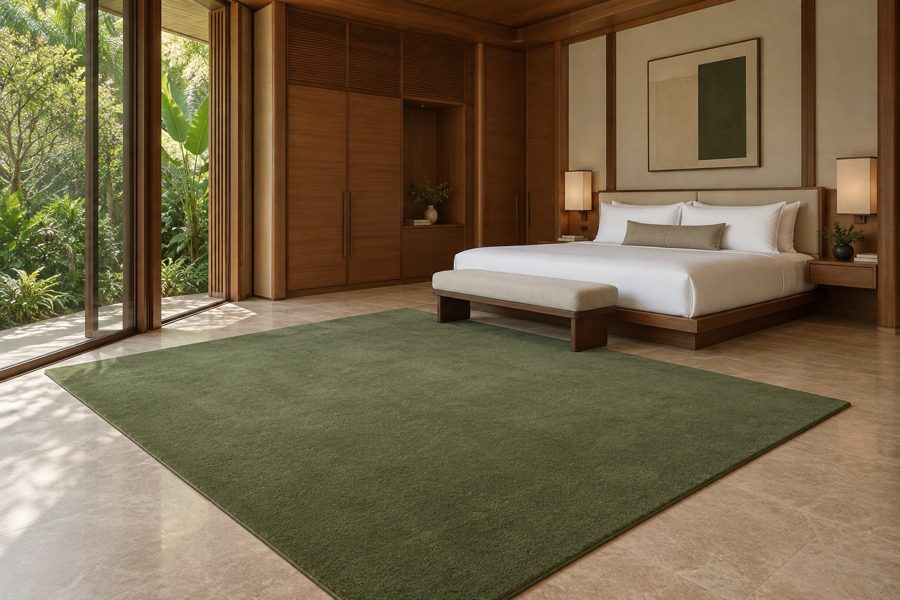 ligea visualisation of a guest room with a plain velvet carpet in Moss