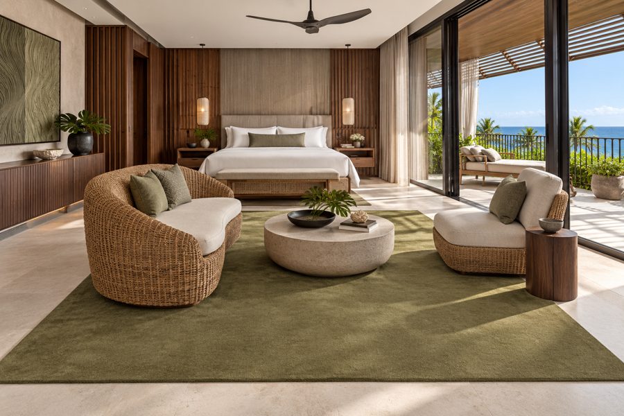 ligea visualisation of a guest room with a plain velvet carpet in Olive