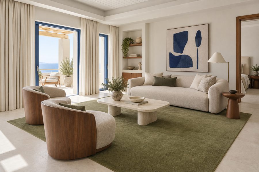 ligea visualisation of a suite with a plain velvet carpet in Olive