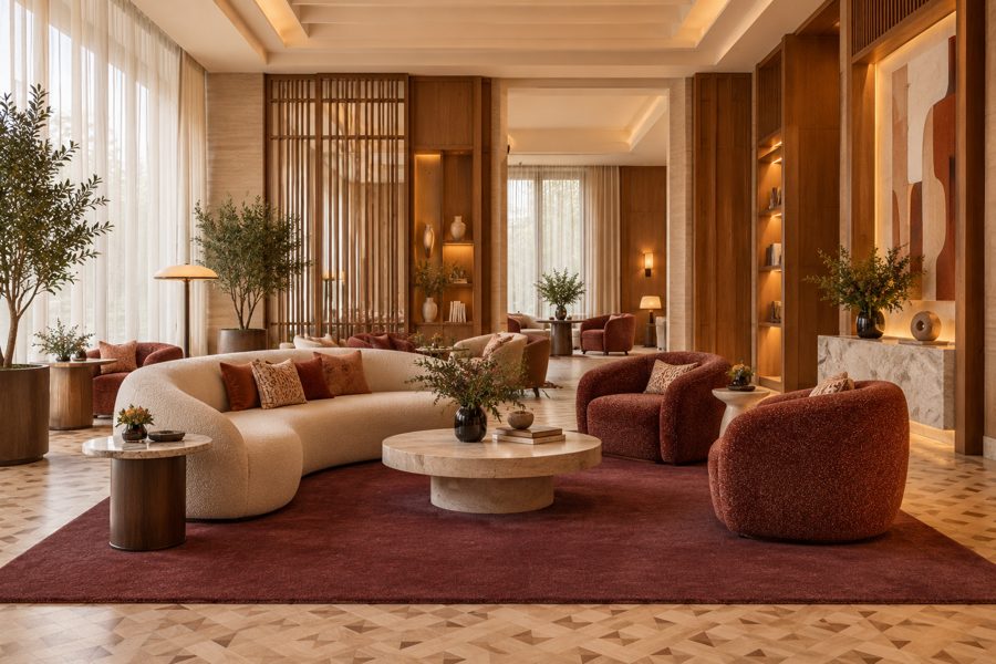 ligea visualisation of a lobby with a plain velvet carpet in Oxblood