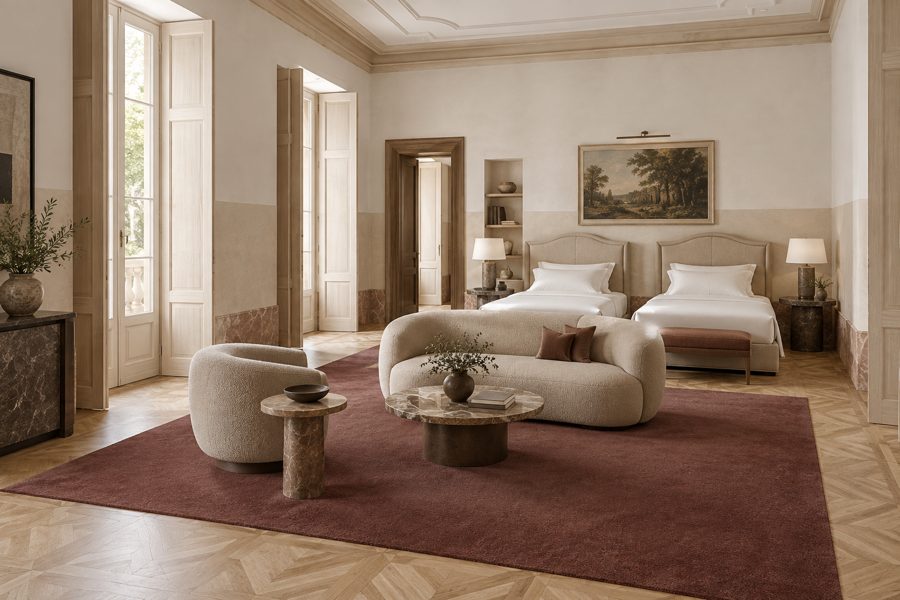 ligea visualisation of a suite with a plain velvet carpet in Oxblood