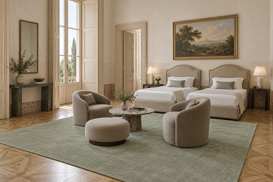 ligea visualisation of a guest room with a plain velvet carpet in Sage