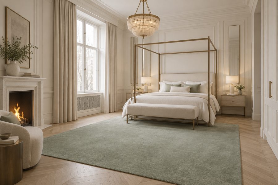 ligea visualisation of a guest room with a plain velvet carpet in Sage