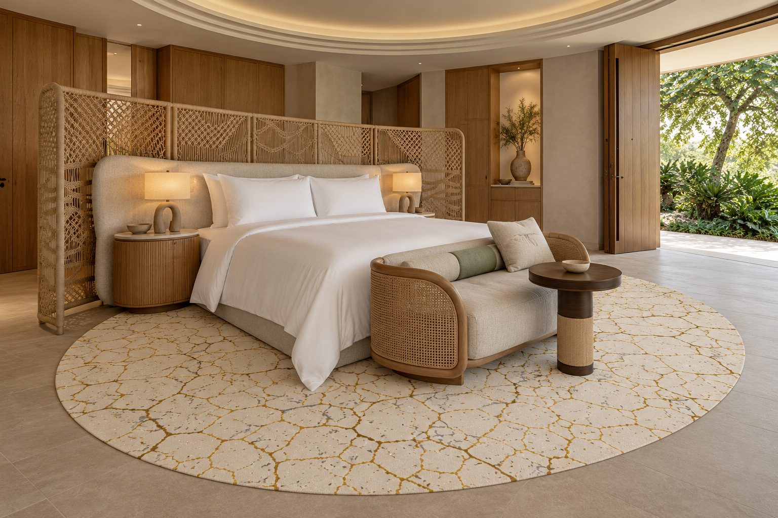 Visualisation of a guest room with an oval rug, Craquelure, The Porcelain