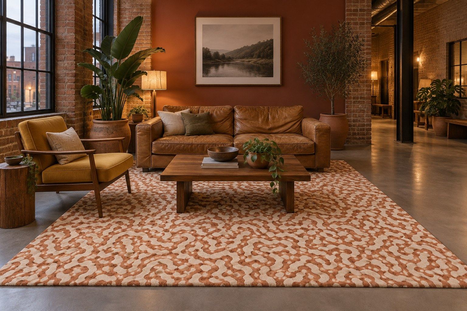Maze rug by ligea in Terracotta sand, lobby visualisation