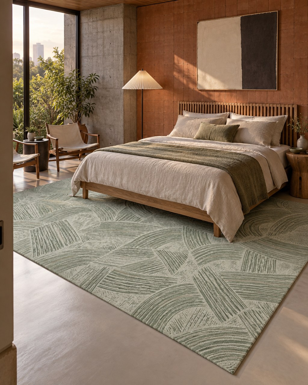 Groove Arc rug by ligea in Sage, guest room visualisation
