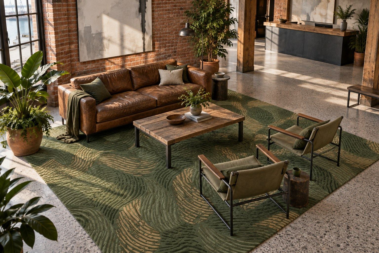 Strand rug by ligea in Olive deep, lobby visualisation