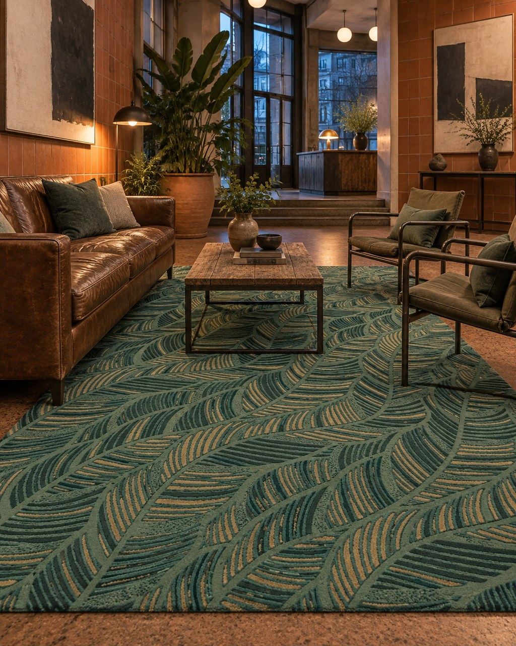 Quill rug by ligea in Bottle green, lobby visualisation