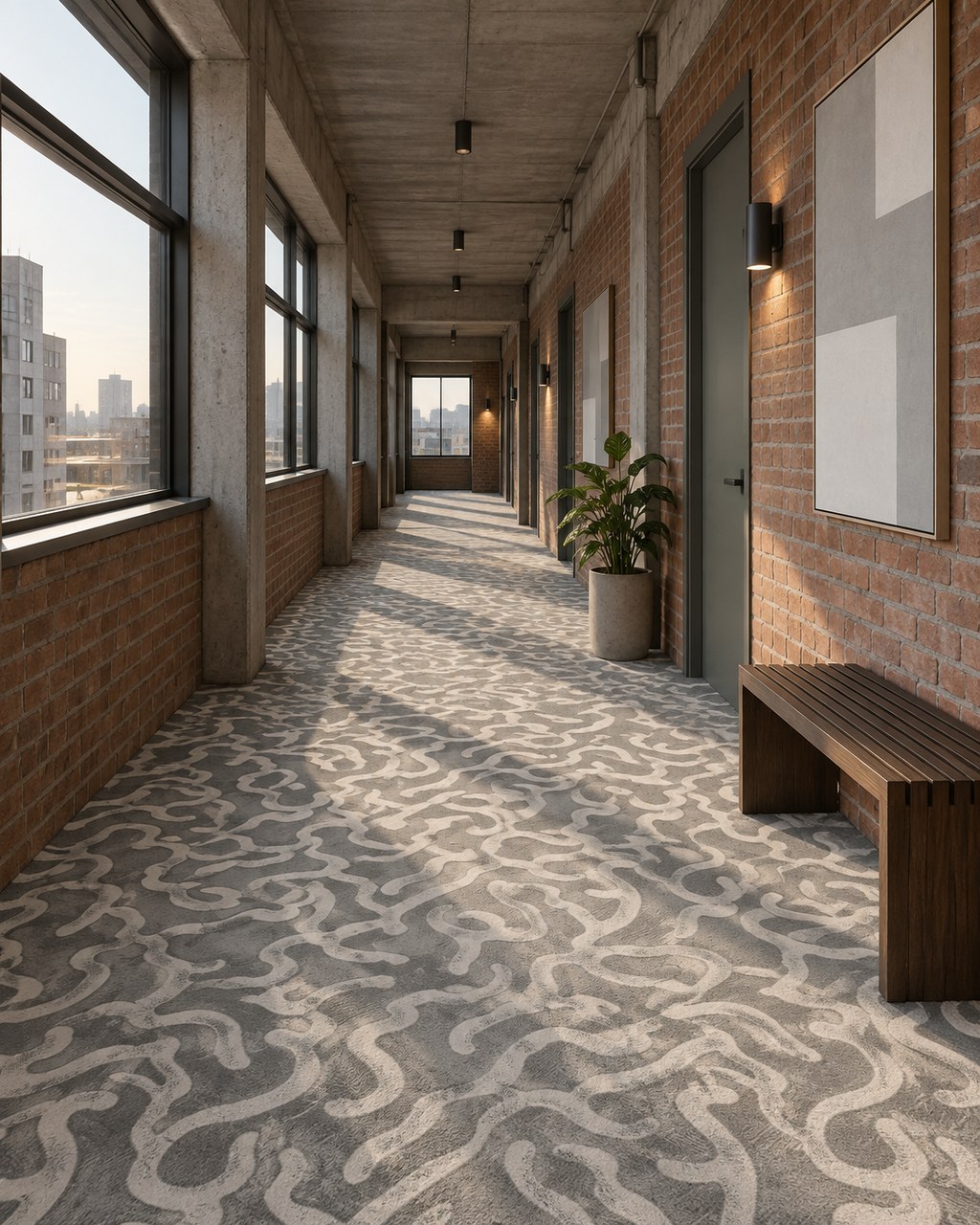 Maze Field rug by ligea in Concrete, corridor visualisation