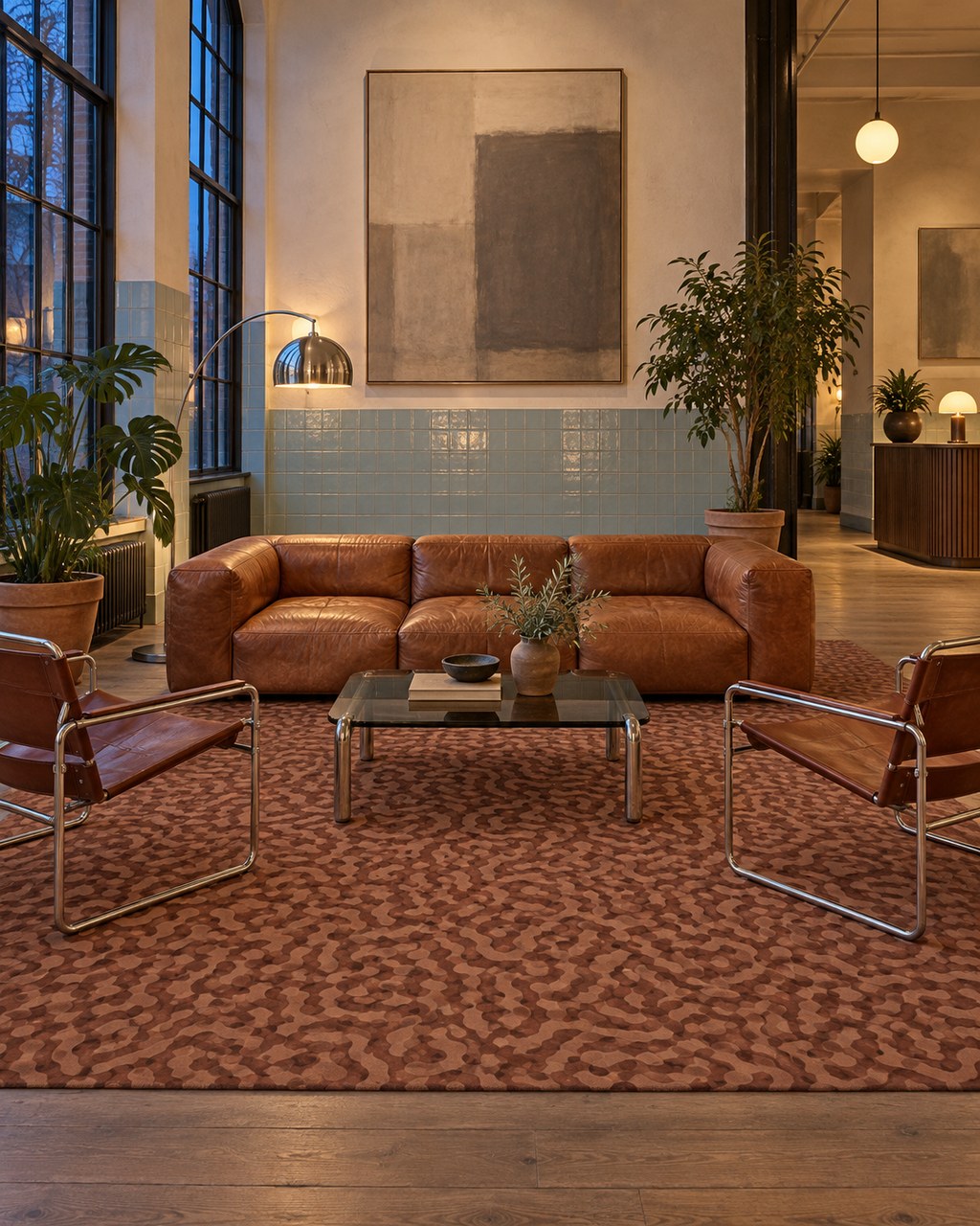 Maze rug by ligea in Brick, lobby visualisation