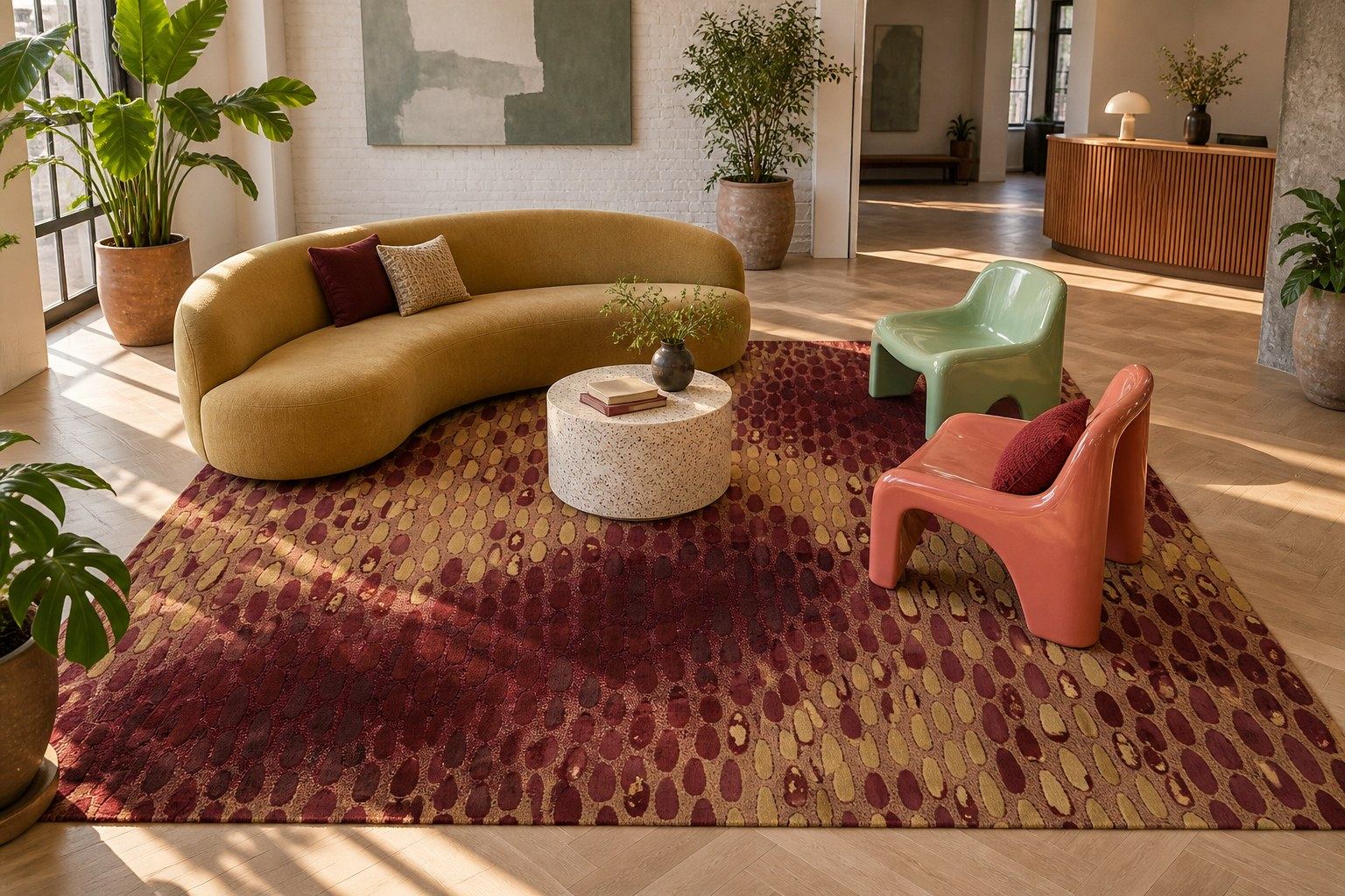 Droplet rug by ligea in Oxblood, lobby visualisation