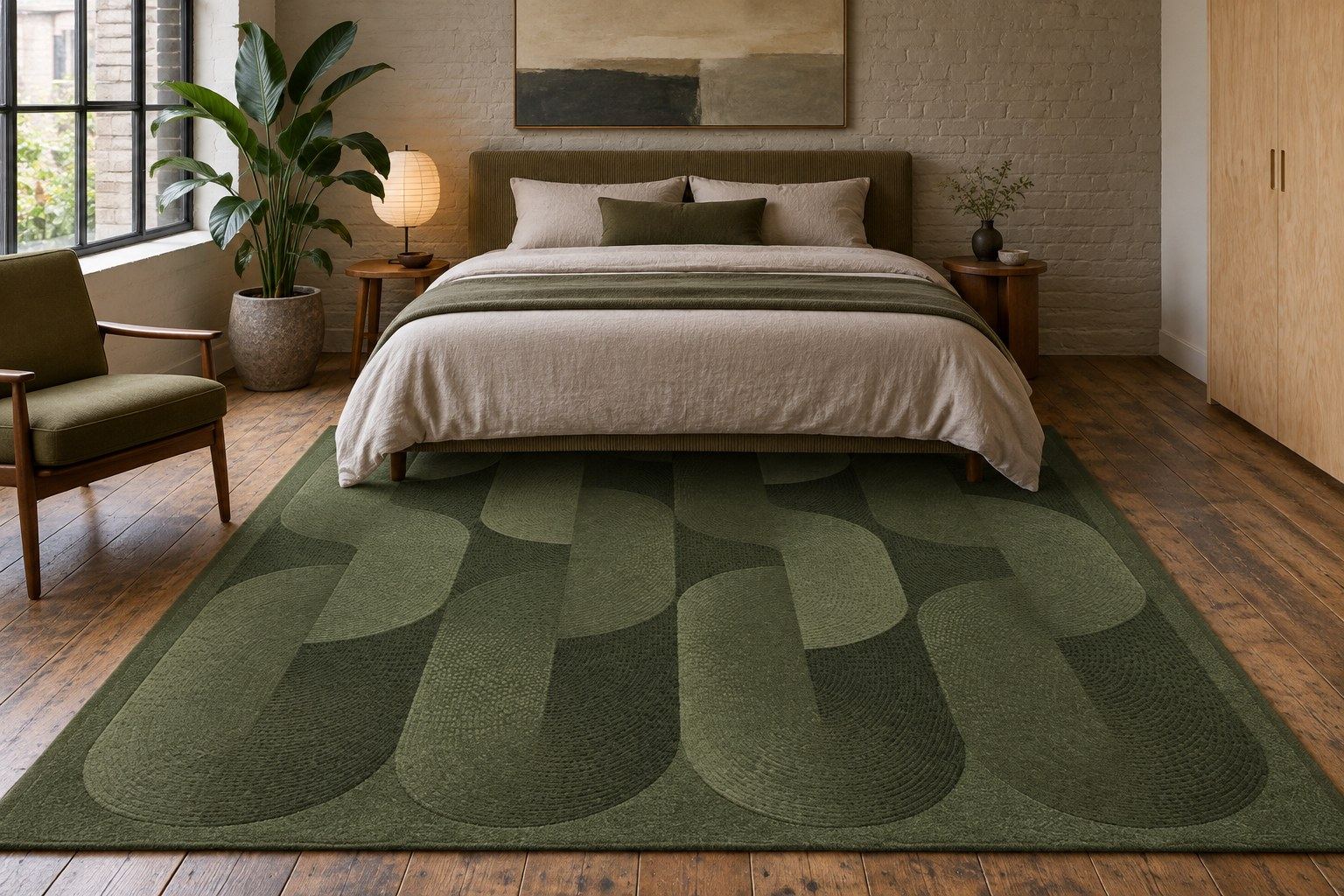 Shackle rug by ligea in Olive deep, guest room visualisation