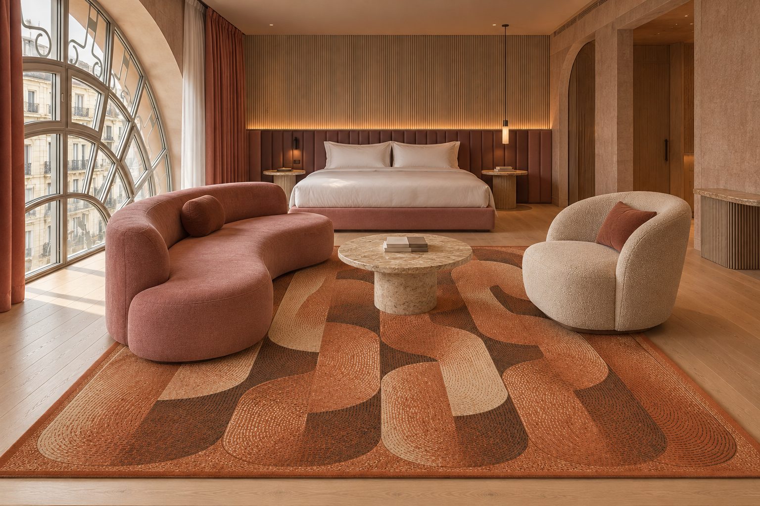 Teppich Shackle von ligea in Rust & Olive, Visualisierung Guest room