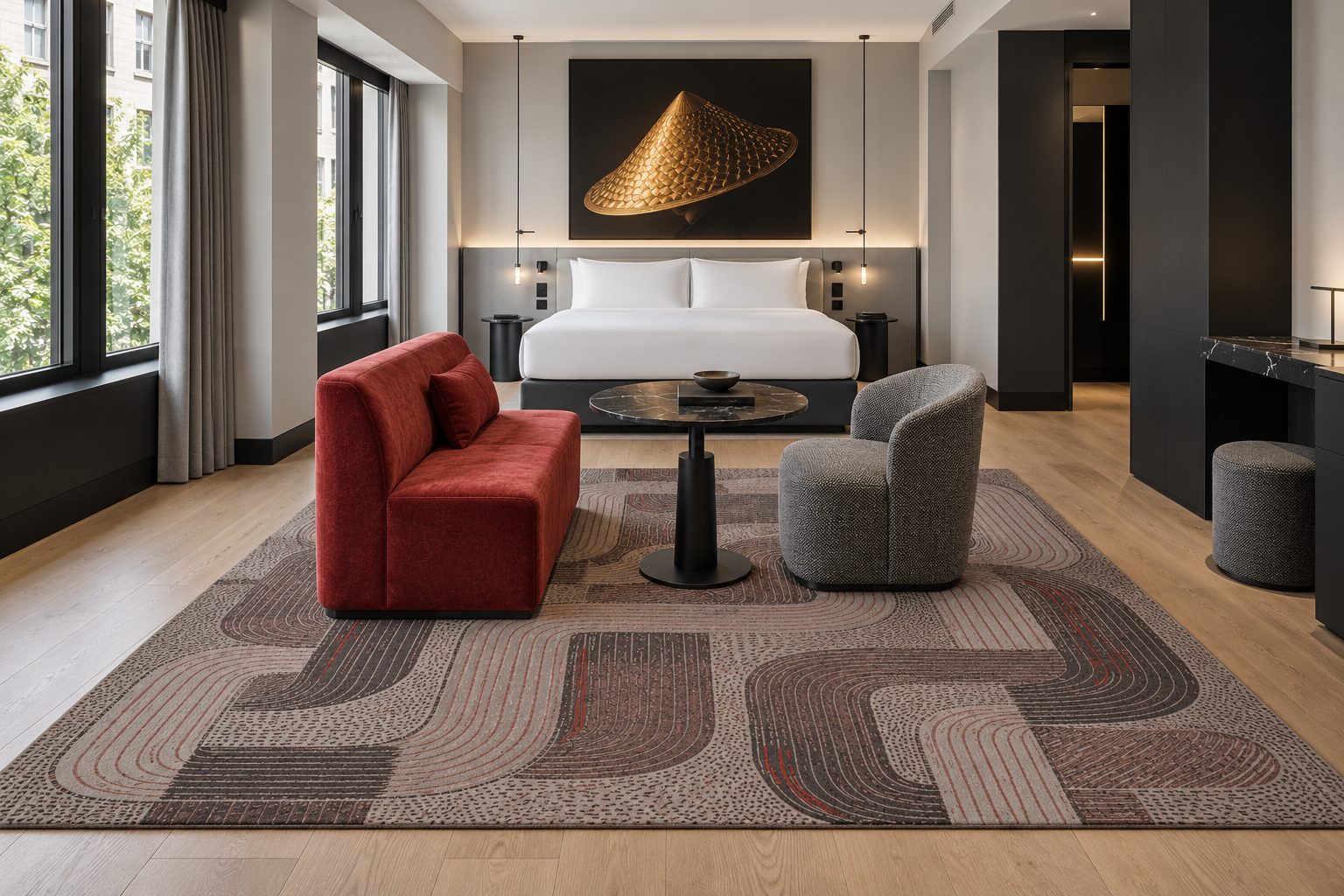 Teppich Groove von ligea in Ebony & Oxblood, Visualisierung Guest room
