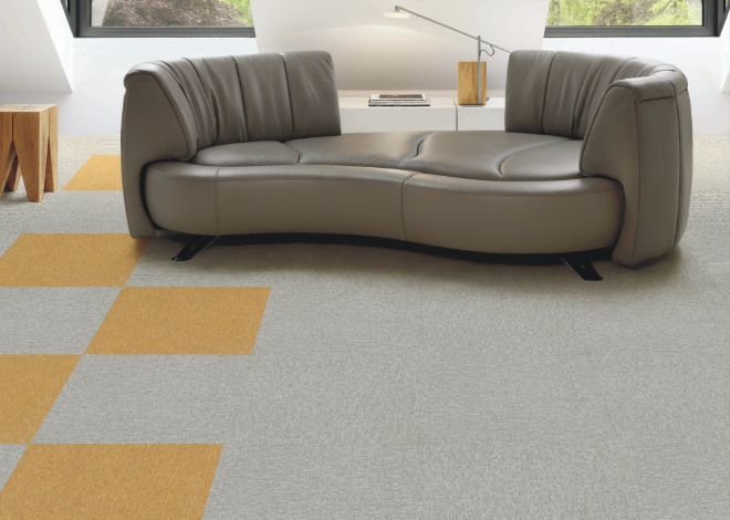 carpet tiles in beige and yellow for high-traffic seating area