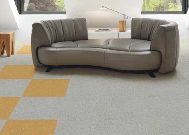 carpet tiles in beige and yellow for high-traffic seating area